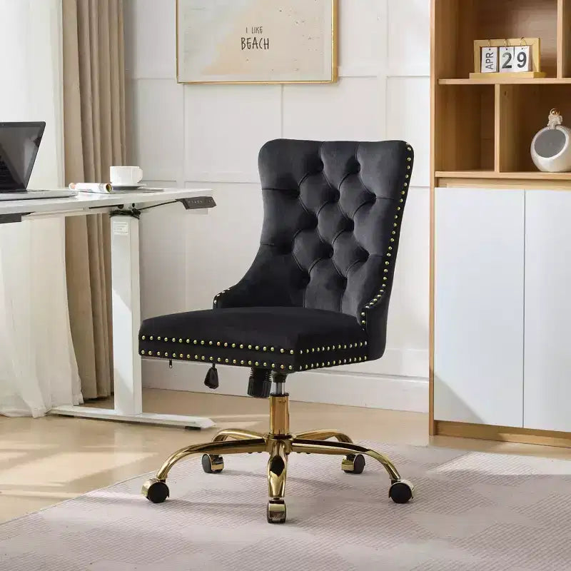 Modern Swivel Home Office Chair with Tufted Back,Plush Velvet Computer Chair with Chrome Metal Base,19.7-22.4Adjustable Height