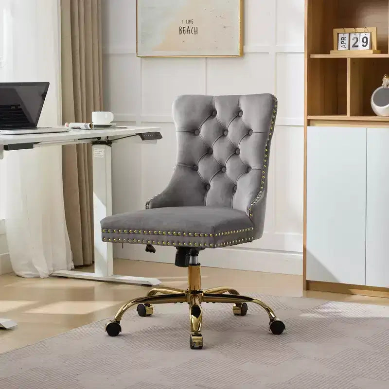 Modern Swivel Home Office Chair with Tufted Back,Plush Velvet Computer Chair with Chrome Metal Base,19.7-22.4Adjustable Height