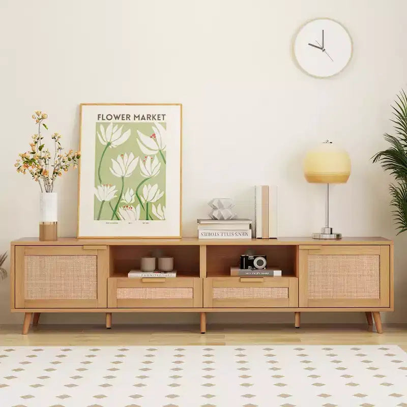 78.74 Inch Natural Rattan TV Stand for TVs up to 85 Inches Media Console with Solid Wood Legs for Living Room Home Theatre
