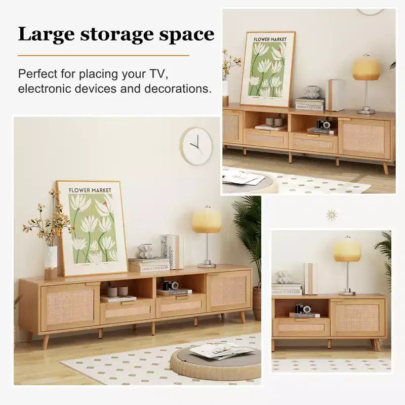 78.74 Inch Natural Rattan TV Stand for TVs up to 85 Inches Media Console with Solid Wood Legs for Living Room Home Theatre