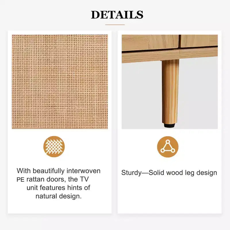 78.74 Inch Natural Rattan TV Stand for TVs up to 85 Inches Media Console with Solid Wood Legs for Living Room Home Theatre