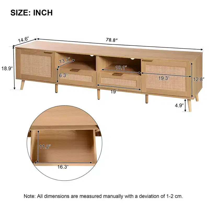 78.74 Inch Natural Rattan TV Stand for TVs up to 85 Inches Media Console with Solid Wood Legs for Living Room Home Theatre