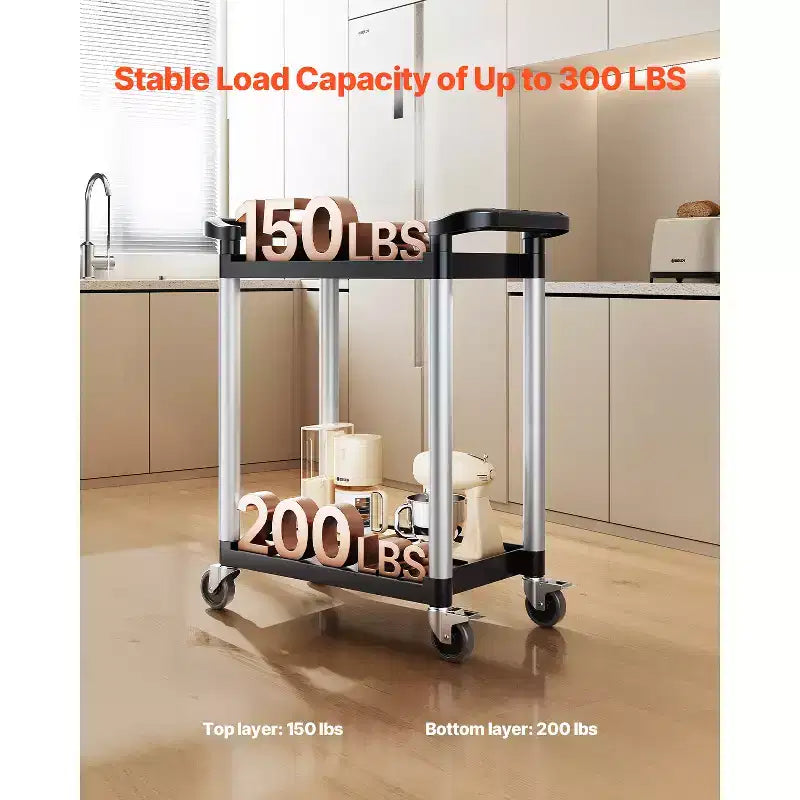 Utility Cart, 300 lbs Load Capacity, 2-tier Utility Plastic Cart with 360 Swivel Wheels (2 with Brakes), 24.4 x 16.1in Food Service Cart,Black