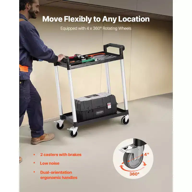 Utility Cart, 300 lbs Load Capacity, 2-tier Utility Plastic Cart with 360 Swivel Wheels (2 with Brakes), 24.4 x 16.1in Food Service Cart,Black