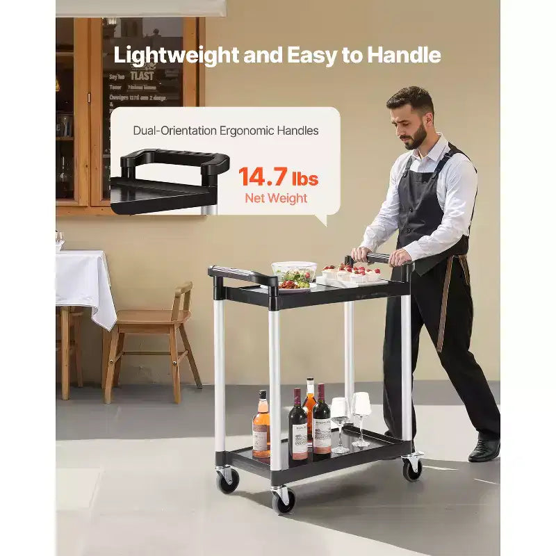 Utility Cart, 300 lbs Load Capacity, 2-tier Utility Plastic Cart with 360 Swivel Wheels (2 with Brakes), 24.4 x 16.1in Food Service Cart,Black