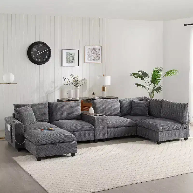 Clihome 140'' Oversized Modular Sectional Sofa with Movable Storage Ottoman,Cup Holder,Wide Seat,USB Charger,6 Seat U Shaped Corduroy Couch
