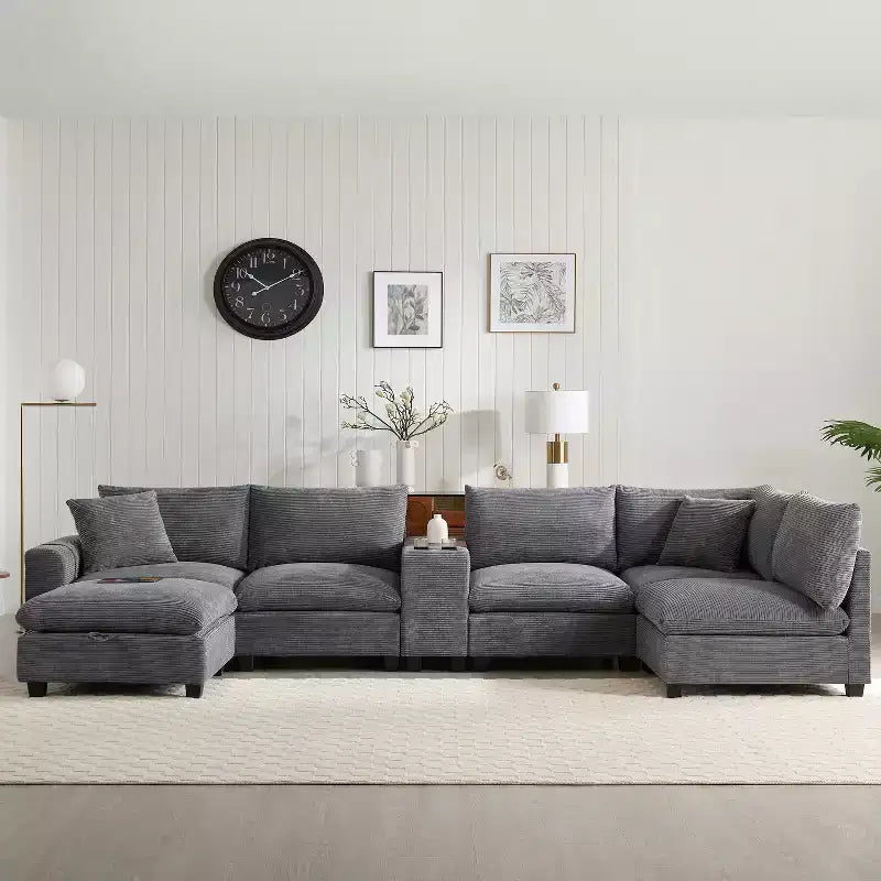 Clihome 140'' Oversized Modular Sectional Sofa with Movable Storage Ottoman,Cup Holder,Wide Seat,USB Charger,6 Seat U Shaped Corduroy Couch