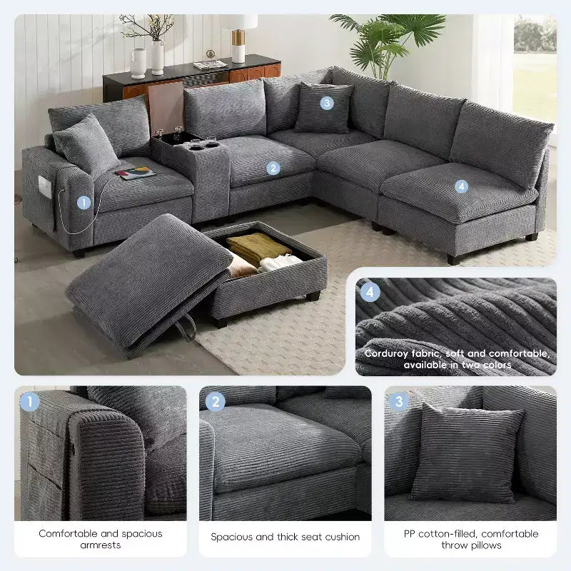 Clihome 140'' Oversized Modular Sectional Sofa with Movable Storage Ottoman,Cup Holder,Wide Seat,USB Charger,6 Seat U Shaped Corduroy Couch