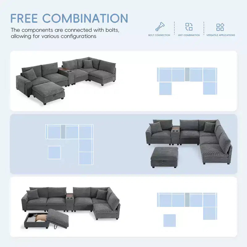 Clihome 140'' Oversized Modular Sectional Sofa with Movable Storage Ottoman,Cup Holder,Wide Seat,USB Charger,6 Seat U Shaped Corduroy Couch