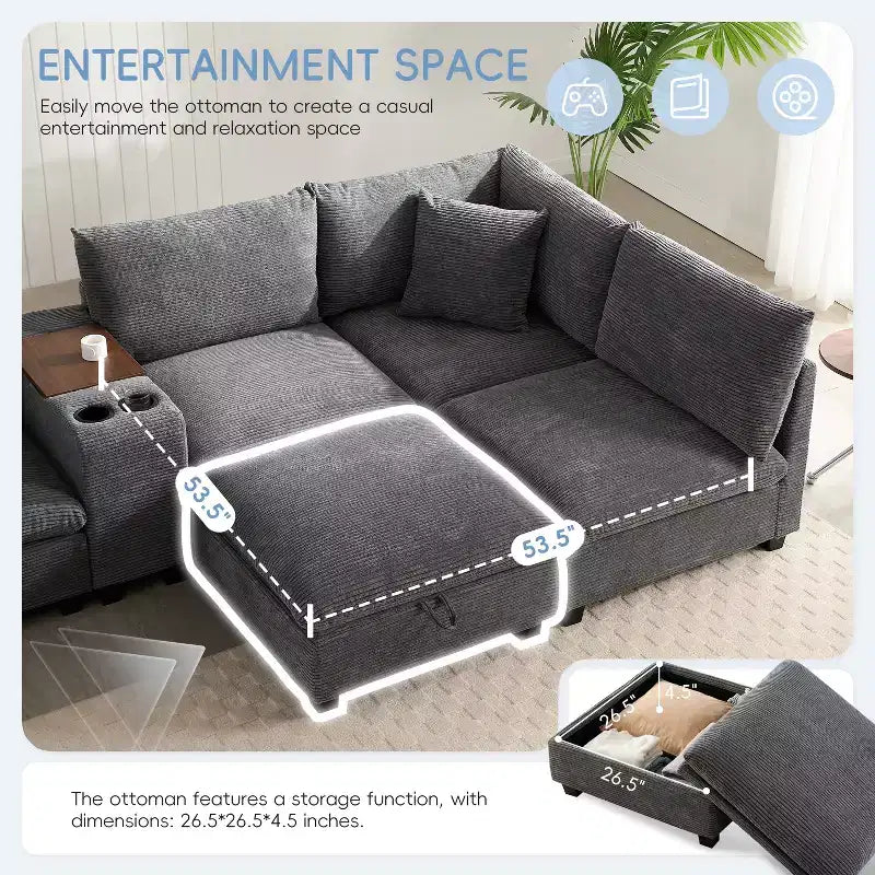 Clihome 140'' Oversized Modular Sectional Sofa with Movable Storage Ottoman,Cup Holder,Wide Seat,USB Charger,6 Seat U Shaped Corduroy Couch