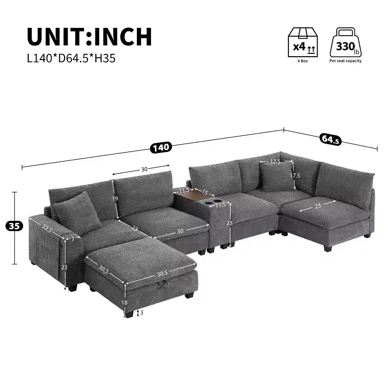 Clihome 140'' Oversized Modular Sectional Sofa with Movable Storage Ottoman,Cup Holder,Wide Seat,USB Charger,6 Seat U Shaped Corduroy Couch