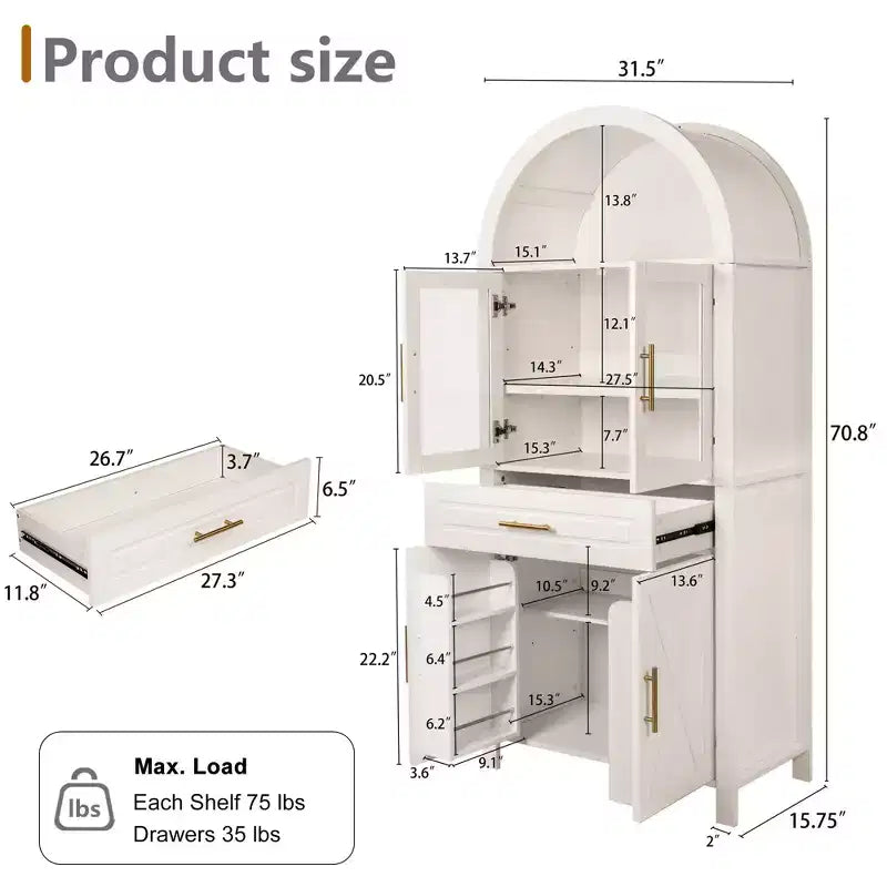 Tall Arched Storage Pantry Cabinet with Glass Doors & Adjustable Shelves,Display Sideboard Accent Cabinet for Dining Room,Kitchen