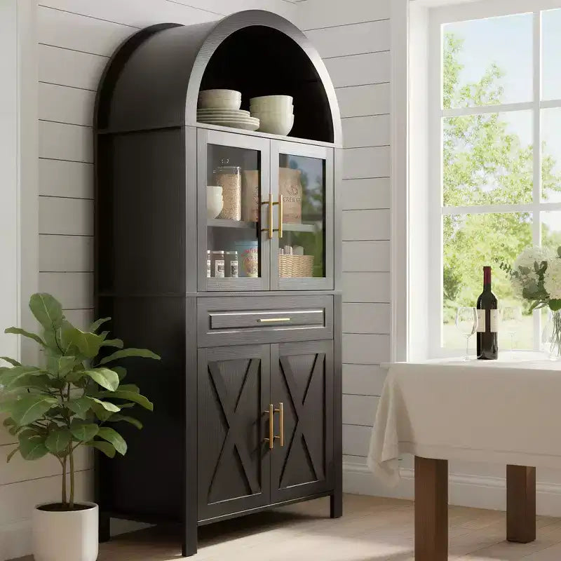Tall Arched Storage Pantry Cabinet with Glass Doors & Adjustable Shelves,Display Sideboard Accent Cabinet for Dining Room,Kitchen