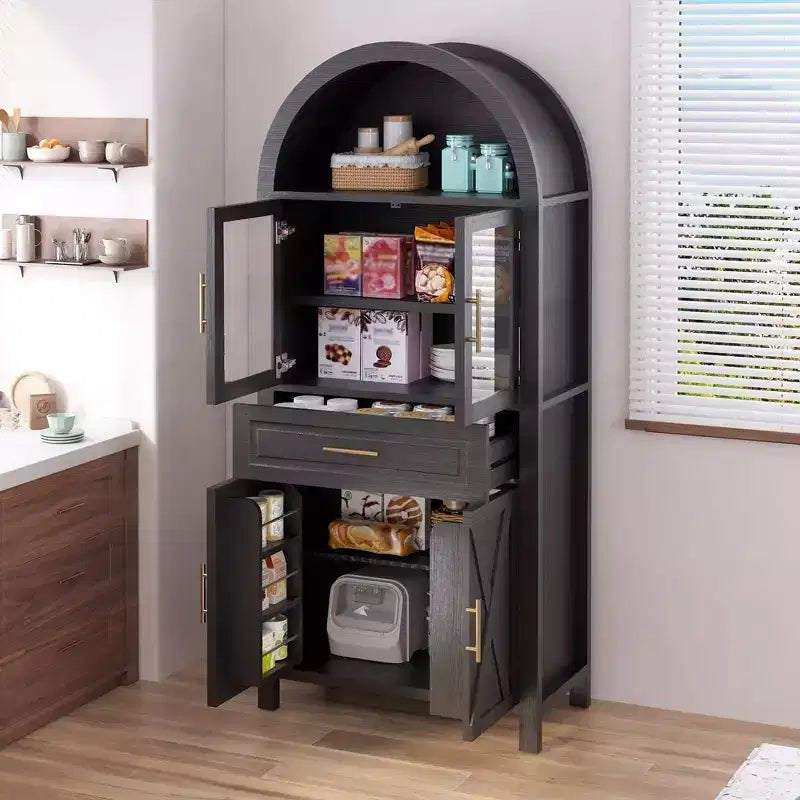 Tall Arched Storage Pantry Cabinet with Glass Doors & Adjustable Shelves,Display Sideboard Accent Cabinet for Dining Room,Kitchen