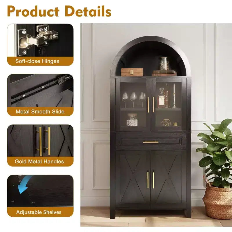 Tall Arched Storage Pantry Cabinet with Glass Doors & Adjustable Shelves,Display Sideboard Accent Cabinet for Dining Room,Kitchen