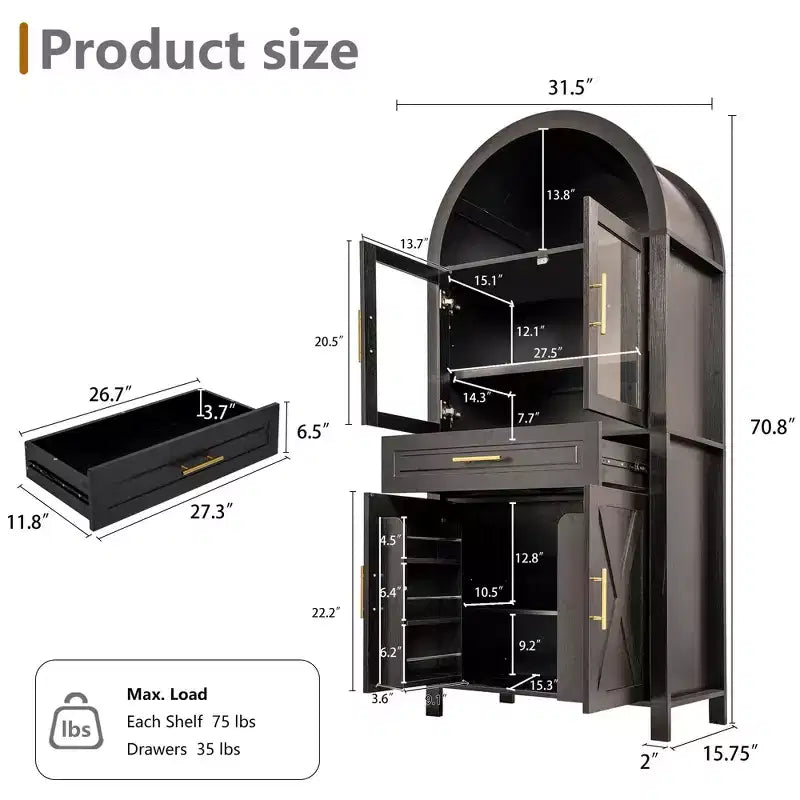 Tall Arched Storage Pantry Cabinet with Glass Doors & Adjustable Shelves,Display Sideboard Accent Cabinet for Dining Room,Kitchen