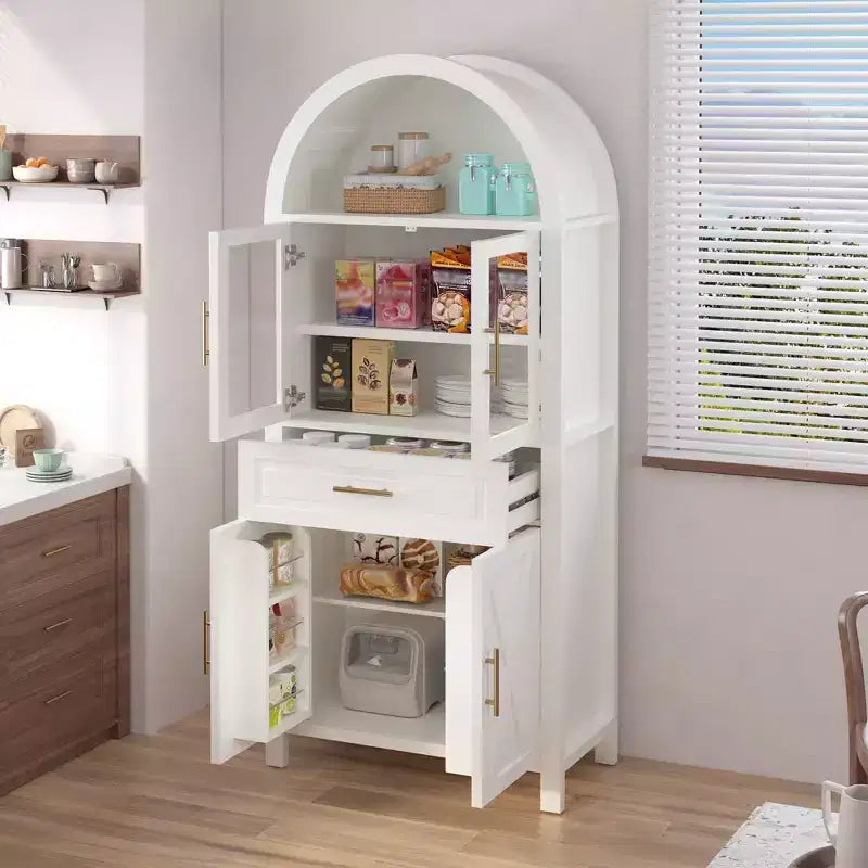 Tall Arched Storage Pantry Cabinet with Glass Doors & Adjustable Shelves,Display Sideboard Accent Cabinet for Dining Room,Kitchen