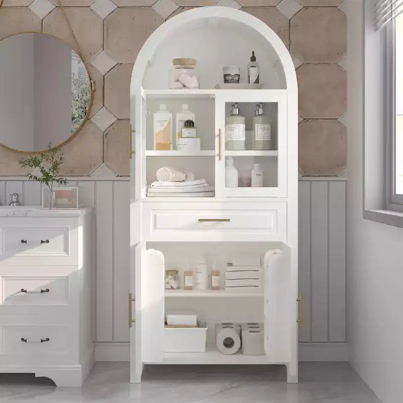 Tall Arched Storage Pantry Cabinet with Glass Doors & Adjustable Shelves,Display Sideboard Accent Cabinet for Dining Room,Kitchen