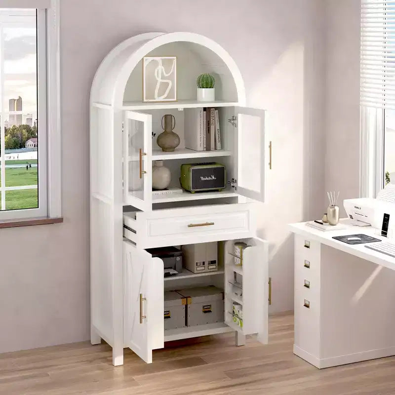 Tall Arched Storage Pantry Cabinet with Glass Doors & Adjustable Shelves,Display Sideboard Accent Cabinet for Dining Room,Kitchen