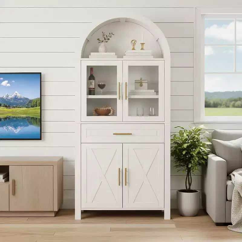 Tall Arched Storage Pantry Cabinet with Glass Doors & Adjustable Shelves,Display Sideboard Accent Cabinet for Dining Room,Kitchen