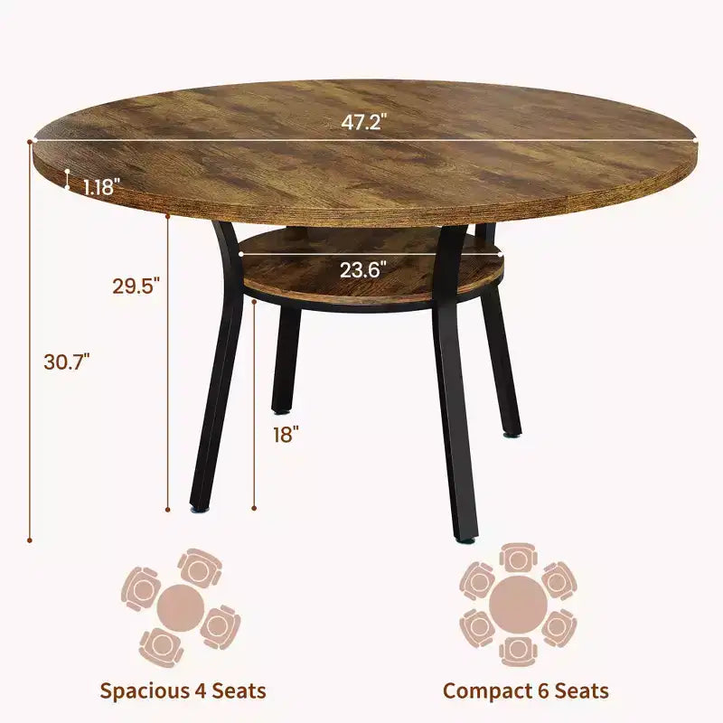 Round Dining Table for 4-6, 47 Kitchen Table w/Storage, Wooden Circle Dinner Table with Metal Legs, Modern Dining Room Tables for Kitchen