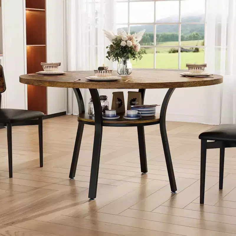Round Dining Table for 4-6, 47 Kitchen Table w/Storage, Wooden Circle Dinner Table with Metal Legs, Modern Dining Room Tables for Kitchen
