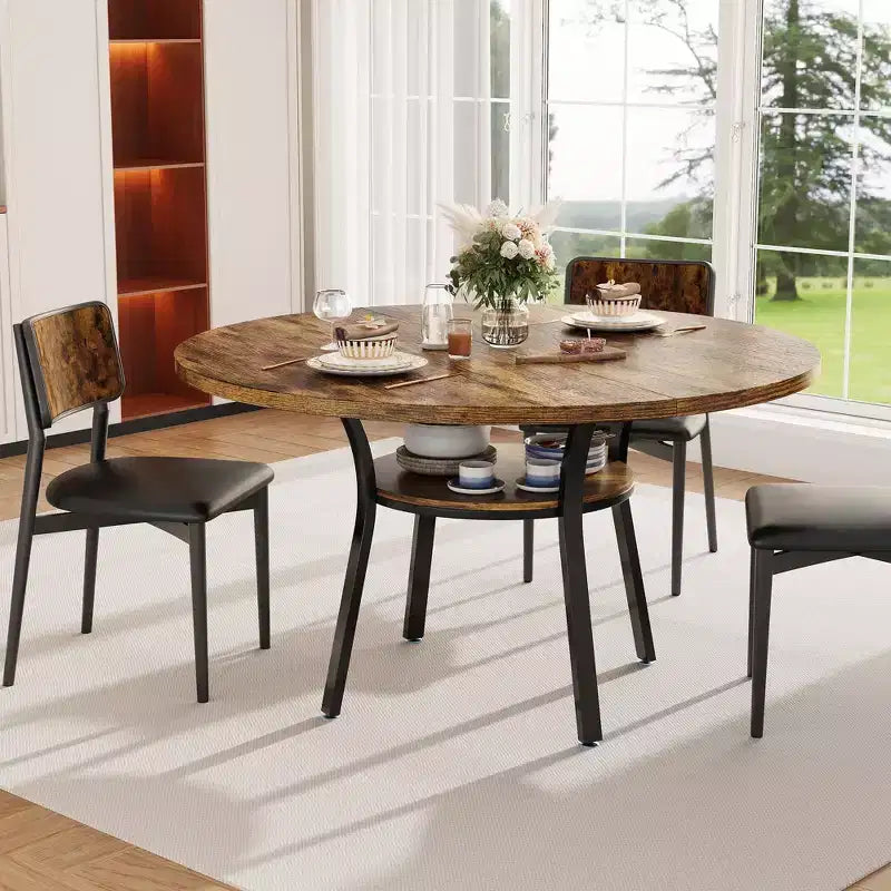 Round Dining Table for 4-6, 47 Kitchen Table w/Storage, Wooden Circle Dinner Table with Metal Legs, Modern Dining Room Tables for Kitchen