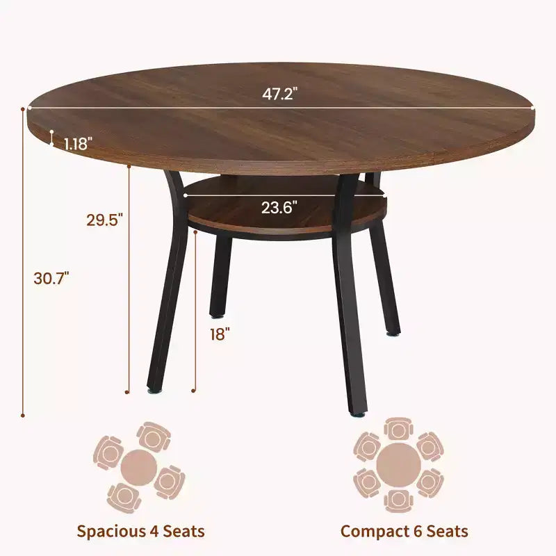 Round Dining Table for 4-6, 47 Kitchen Table w/Storage, Wooden Circle Dinner Table with Metal Legs, Modern Dining Room Tables for Kitchen
