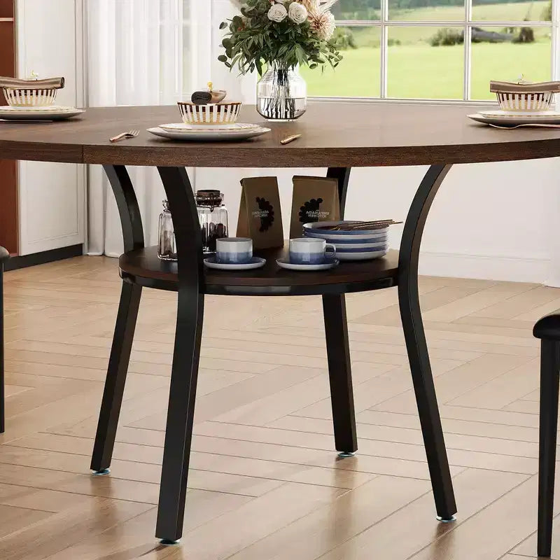 Round Dining Table for 4-6, 47 Kitchen Table w/Storage, Wooden Circle Dinner Table with Metal Legs, Modern Dining Room Tables for Kitchen