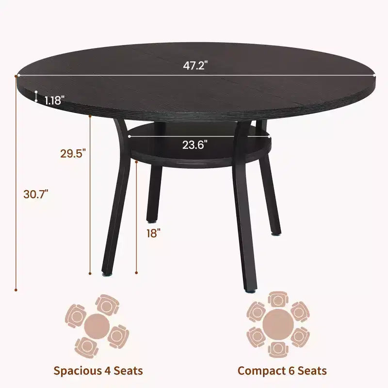 Round Dining Table for 4-6, 47 Kitchen Table w/Storage, Wooden Circle Dinner Table with Metal Legs, Modern Dining Room Tables for Kitchen