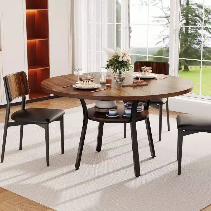 Round Dining Table for 4-6, 47 Kitchen Table w/Storage, Wooden Circle Dinner Table with Metal Legs, Modern Dining Room Tables for Kitchen