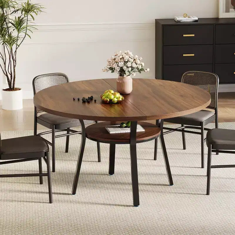 Round Dining Table for 4-6, 47 Kitchen Table w/Storage, Wooden Circle Dinner Table with Metal Legs, Modern Dining Room Tables for Kitchen