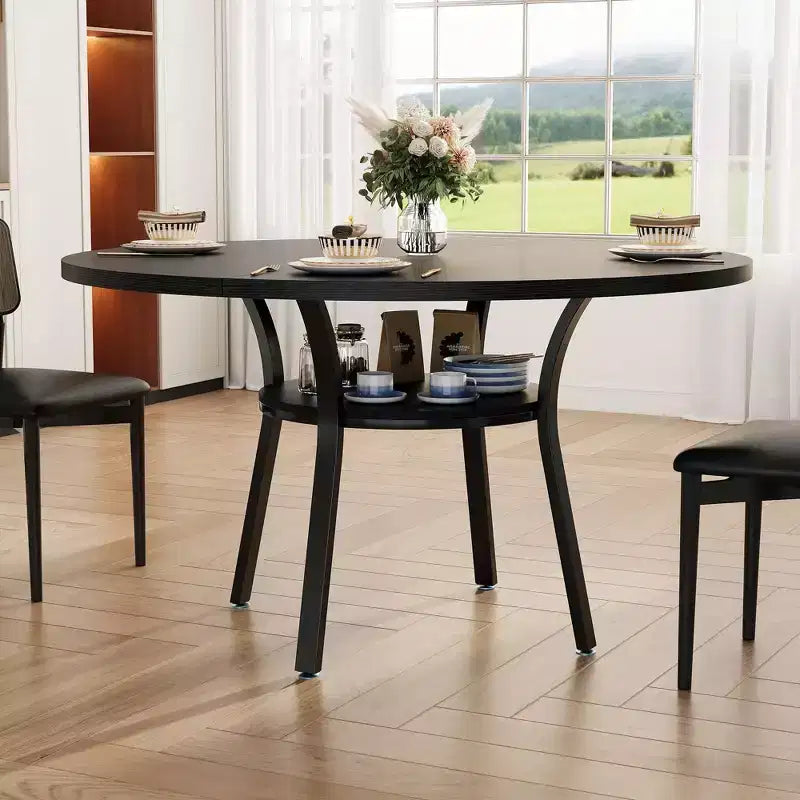 Round Dining Table for 4-6, 47 Kitchen Table w/Storage, Wooden Circle Dinner Table with Metal Legs, Modern Dining Room Tables for Kitchen