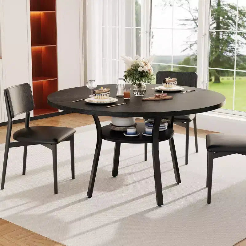 Round Dining Table for 4-6, 47 Kitchen Table w/Storage, Wooden Circle Dinner Table with Metal Legs, Modern Dining Room Tables for Kitchen