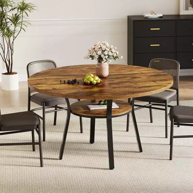 Round Dining Table for 4-6, 47 Kitchen Table w/Storage, Wooden Circle Dinner Table with Metal Legs, Modern Dining Room Tables for Kitchen