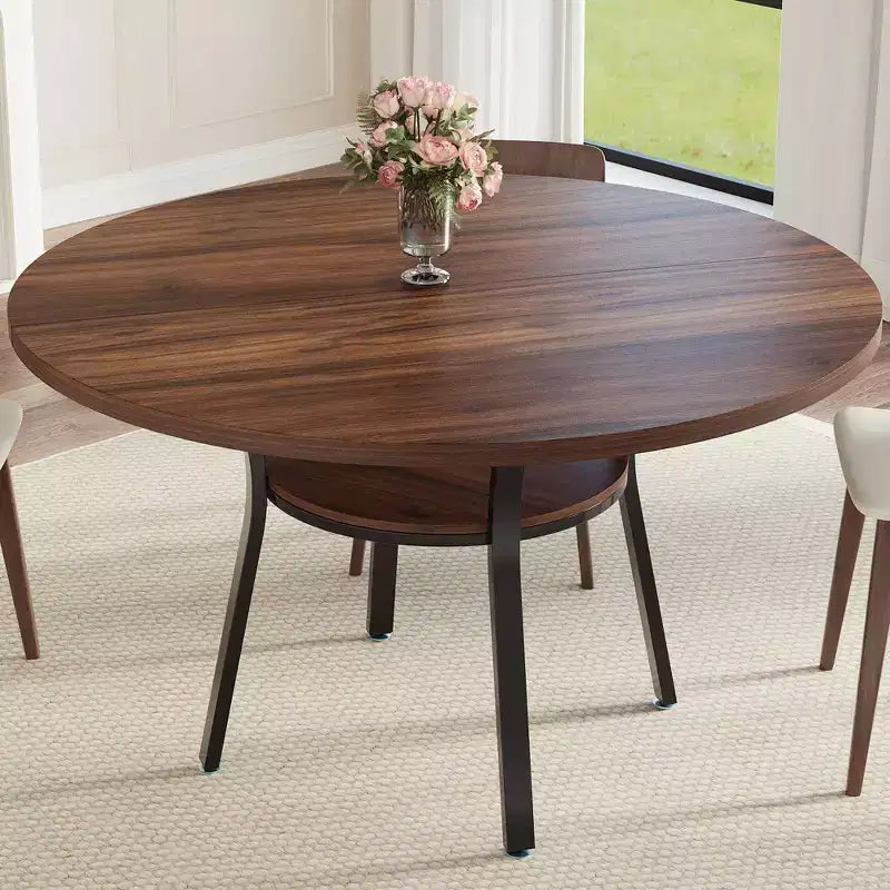 Round Dining Table for 4-6, 47 Kitchen Table w/Storage, Wooden Circle Dinner Table with Metal Legs, Modern Dining Room Tables for Kitchen