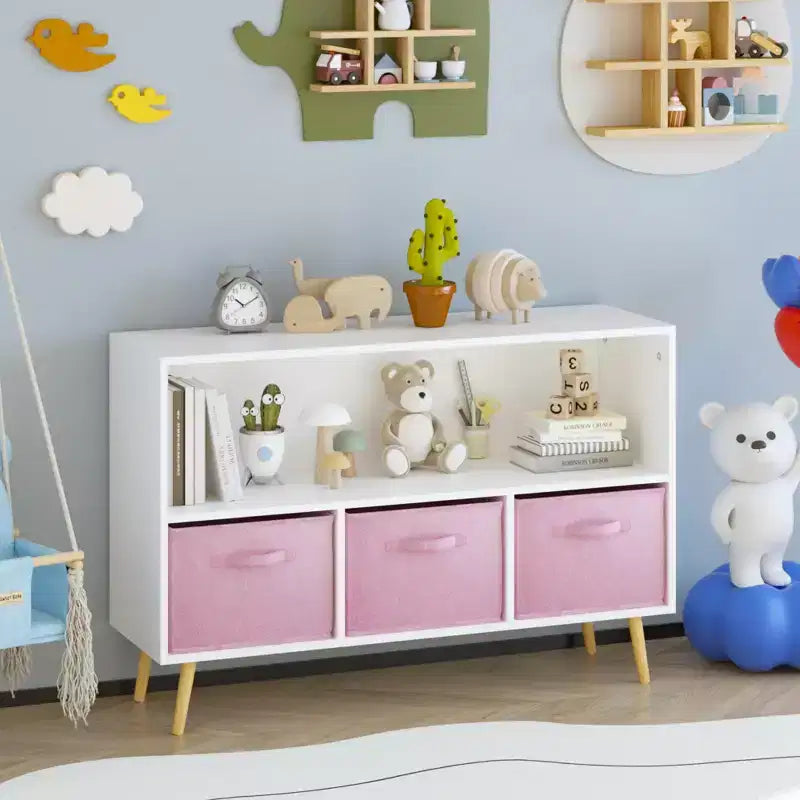 Kids bookcase with Collapsible Fabric Drawers, Children's Book Display, Toy Storage Cabinet Organizer, White/Pink