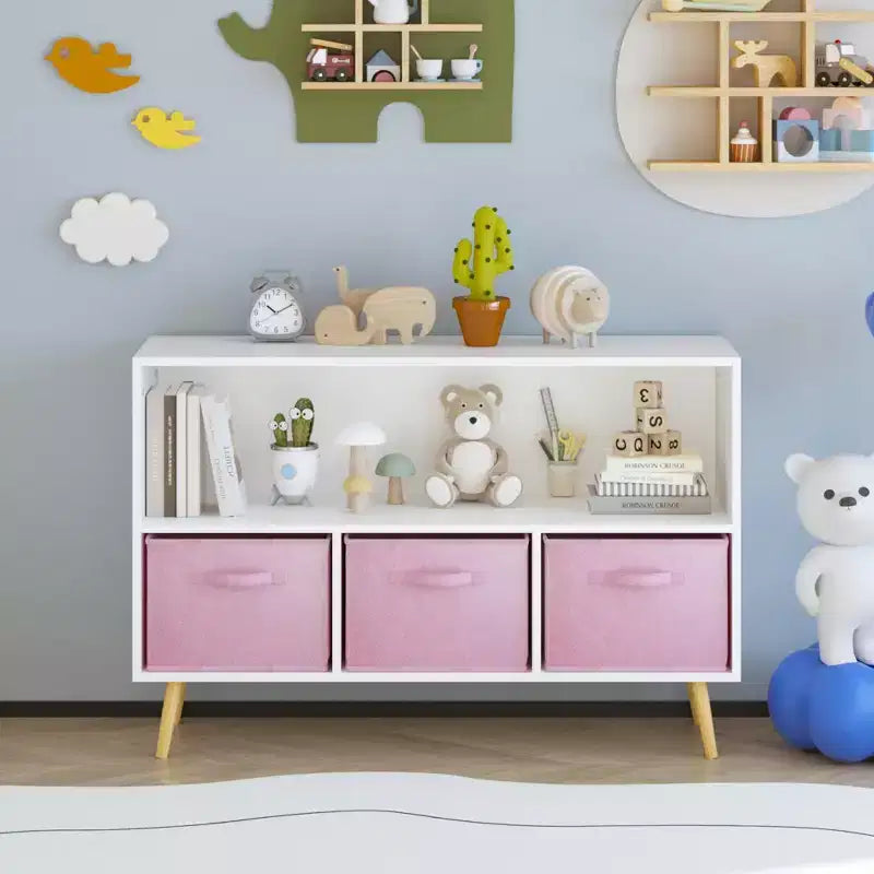 Kids bookcase with Collapsible Fabric Drawers, Children's Book Display, Toy Storage Cabinet Organizer, White/Pink