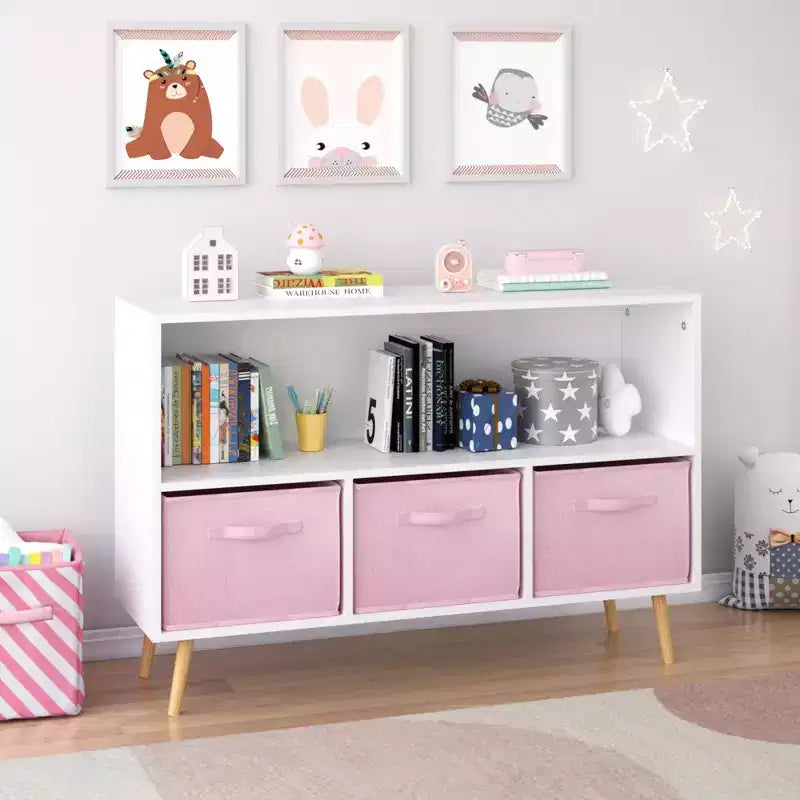Kids bookcase with Collapsible Fabric Drawers, Children's Book Display, Toy Storage Cabinet Organizer, White/Pink