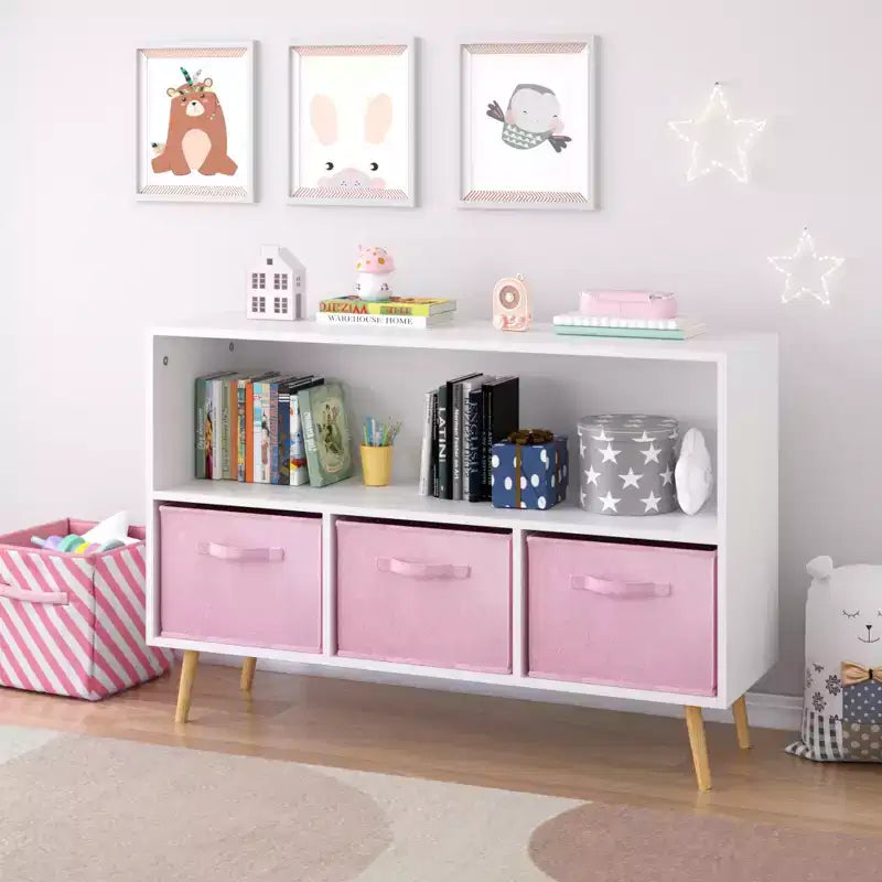 Kids bookcase with Collapsible Fabric Drawers, Children's Book Display, Toy Storage Cabinet Organizer, White/Pink