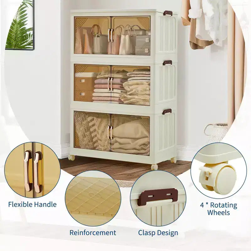 Stackable Storage Bins with Lids, Plastic Storage Drawers with Magnetic Doors and Wheels, Foldable Collapsible Closet Organizers, for Home, Dorm
