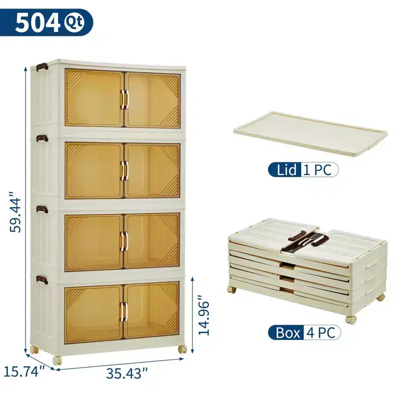 Stackable Storage Bins with Lids, Plastic Storage Drawers with Magnetic Doors and Wheels, Foldable Collapsible Closet Organizers, for Home, Dorm