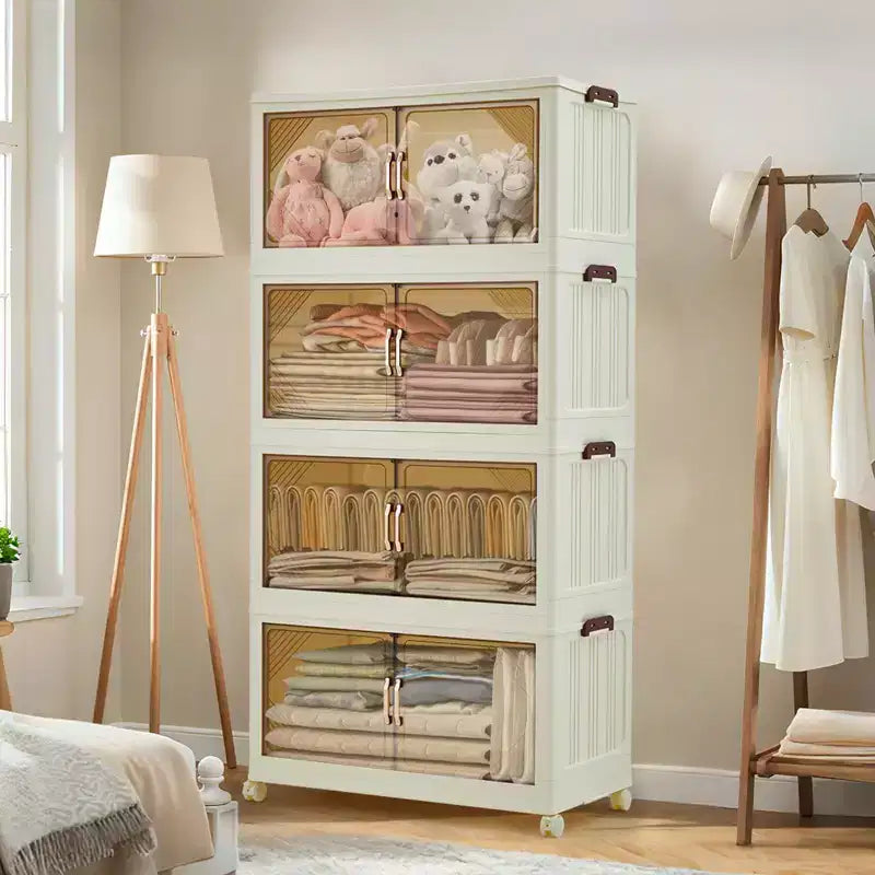 Stackable Storage Bins with Lids, Plastic Storage Drawers with Magnetic Doors and Wheels, Foldable Collapsible Closet Organizers, for Home, Dorm