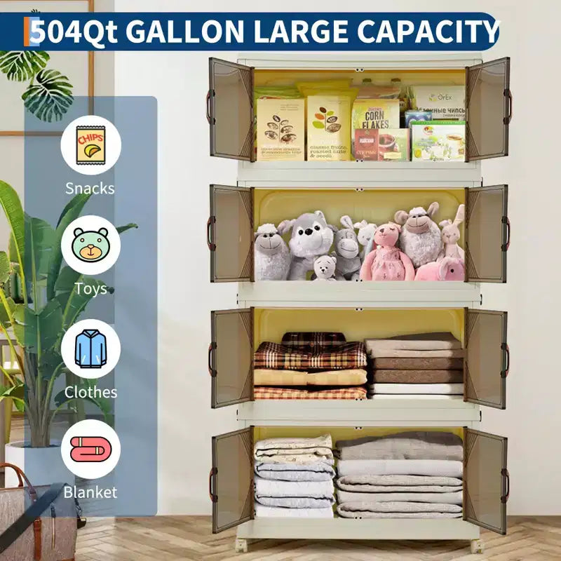 Stackable Storage Bins with Lids, Plastic Storage Drawers with Magnetic Doors and Wheels, Foldable Collapsible Closet Organizers, for Home, Dorm