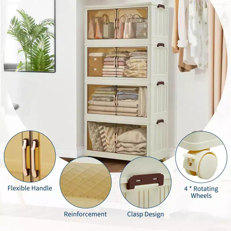 Stackable Storage Bins with Lids, Plastic Storage Drawers with Magnetic Doors and Wheels, Foldable Collapsible Closet Organizers, for Home, Dorm