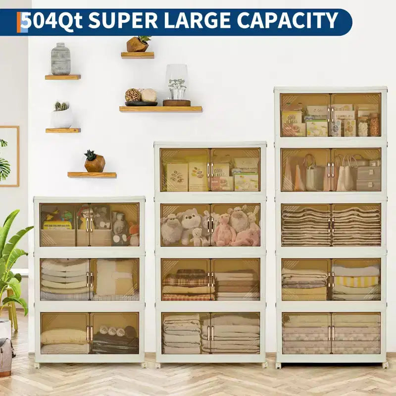 Stackable Storage Bins with Lids, Plastic Storage Drawers with Magnetic Doors and Wheels, Foldable Collapsible Closet Organizers, for Home, Dorm