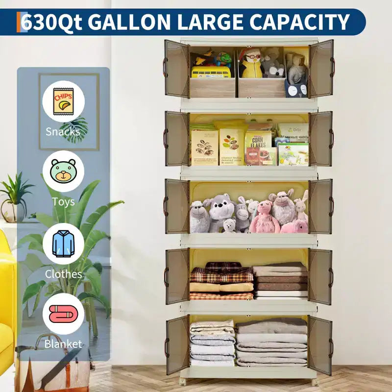 Stackable Storage Bins with Lids, Plastic Storage Drawers with Magnetic Doors and Wheels, Foldable Collapsible Closet Organizers, for Home, Dorm