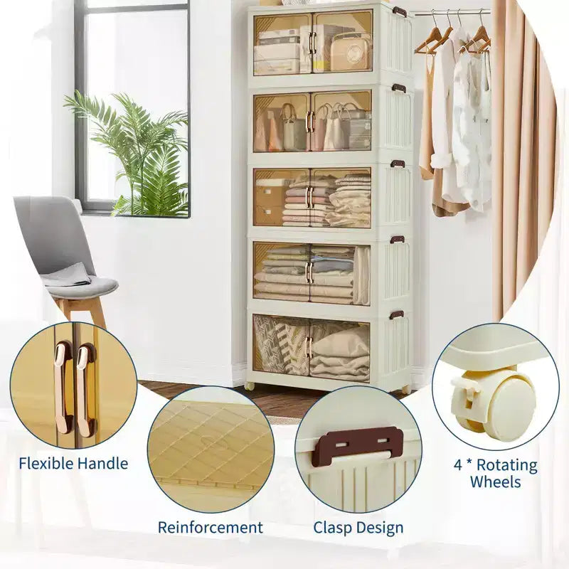 Stackable Storage Bins with Lids, Plastic Storage Drawers with Magnetic Doors and Wheels, Foldable Collapsible Closet Organizers, for Home, Dorm