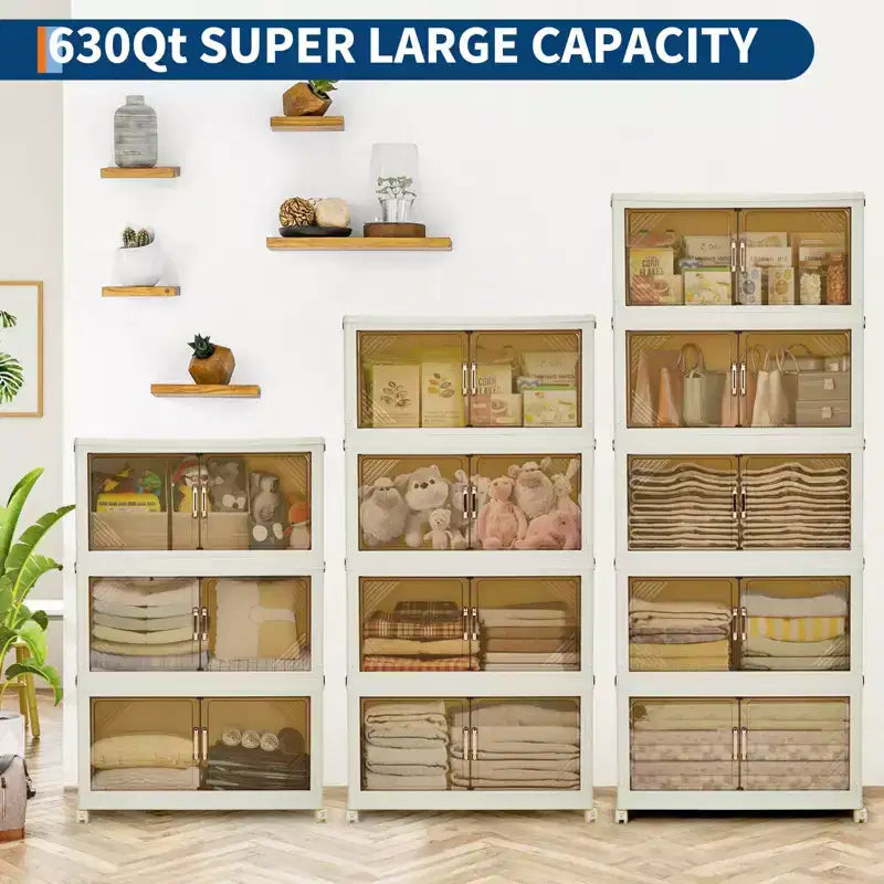 Stackable Storage Bins with Lids, Plastic Storage Drawers with Magnetic Doors and Wheels, Foldable Collapsible Closet Organizers, for Home, Dorm