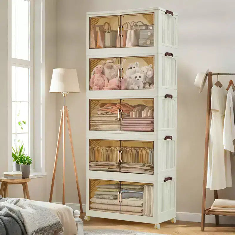 Stackable Storage Bins with Lids, Plastic Storage Drawers with Magnetic Doors and Wheels, Foldable Collapsible Closet Organizers, for Home, Dorm